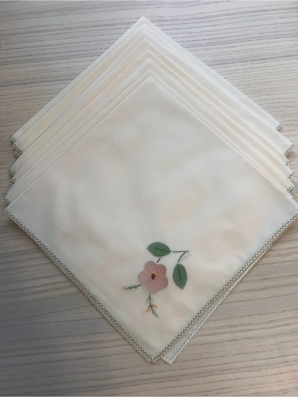 Set of 8 Vintage Ivory Floral Embroidered Cloth Napkins Cottagecore Wedding